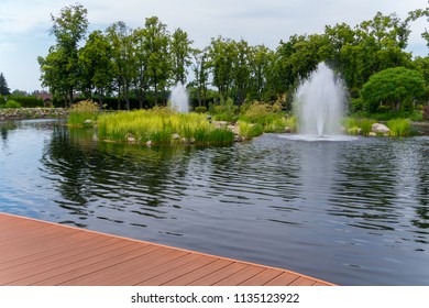 Juicy Green Islands Of Grass In The Middle Of The Pond And Refreshing Fountains Next To Them