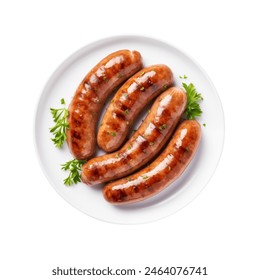 Juicy grilled sausages with grill marks on a plate, sprinkled with fresh herbs, isolated top view - Powered by Shutterstock