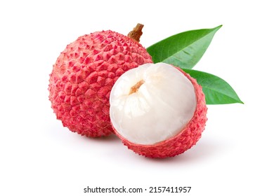 Juicy Lychee with cut in half and leaves  isolated on white background. Clipping path. - Powered by Shutterstock