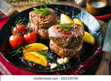 Juicy Medium Beef Fillet Steaks Mignon In Pan On Table