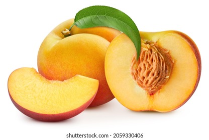 Juicy Peach Isolated On The White Background. Fresh Peach And Leaf. Clipping Path Peach. Peach Macro Studio Photo