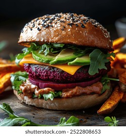 A juicy plant-based burger with a beetroot patty, avocado slices, fresh greens, and vegan cheese on a whole-grain bun, served with sweet potato fries, moody lighting, close-up shot - Powered by Shutterstock