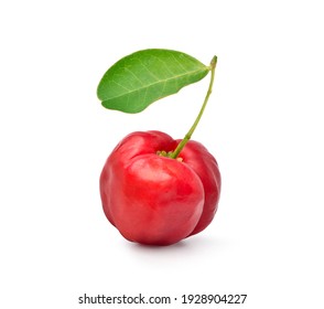  Juicy red Acerola cherry with green leaf isolated on white background. Clipping path.  - Powered by Shutterstock