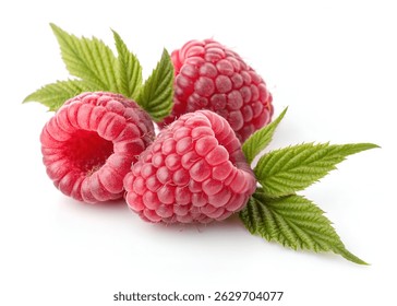 Frambuesas maduras jugosas y hoja verde sobre fondo blanco, ideal para blogs de recetas, empaques o promociones de nutrición.