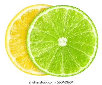 Juicy Slice Of Lime And Lemon Isolated On White, With Clipping Path