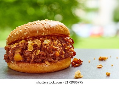 Juicy Sloppy Joe Sandwich With Ground Beef On Gray Stone