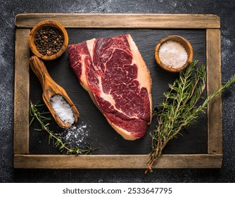 A juicy steak slice lies on a rustic slate board. Framed by fresh rosemary sprigs and small bowls of coarse sea salt and black peppercorns, the picture invites you to enjoy. - Powered by Shutterstock