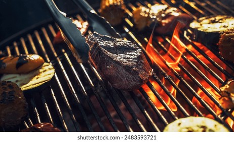 Juicy Steak and Vibrant Vegetables Sizzle on Fiery Grill, Capturing the Essence of Outdoor Cooking, Smoky Flavors, and Culinary Delight in Dynamic Barbecue Setting. - Powered by Shutterstock