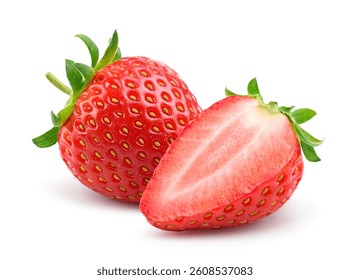Juicy strawberries with cut in half isolated on white. Clipping path.