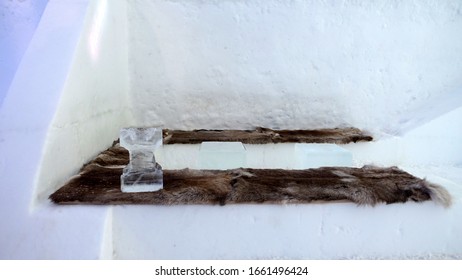 Jukkasjarvi, Sweden, February 27, 2020. A Glimpse Of The Ice Hotel Bar In Northern Sweden