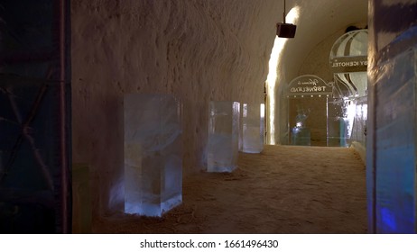 Jukkasjarvi, Sweden, February 27, 2020. A Glimpse Of The Ice Hotel Bar In Northern Sweden