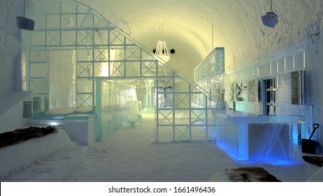 Jukkasjarvi, Sweden, February 27, 2020. A Glimpse Of The Ice Hotel Bar In Northern Sweden