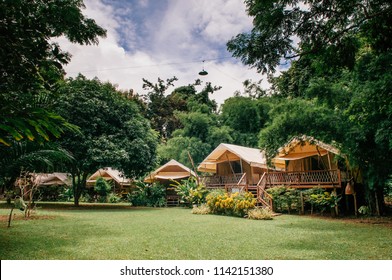 JUL 13,2013 Kanchanaburi, Thailand - Luxurious Camping Resort In Nature Forest, Glamping Vacation In Tropical Asian Country