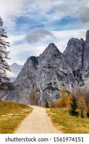Julian Alps Hiking Trail With A Beautiful View Of Rocky Mountains In Autumn Season