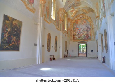 July 08, 2016: Large Painting And White Walls Inside The Church Of Certosa Di San Giacomo, Capri, Capri Island, Italy