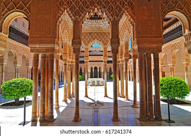 July 1, 2014. Moorish architecture of the Court of the Lions, the Alhambra, Granada, Andalucia (Andalusia), Spain, Europe.