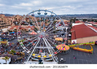 July 1, 2021, Del Mar, San Diego, California, USA - Ferris Wheel At Del Mar Fairgrounds, Drone Shot