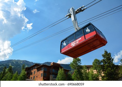 JULY 10 2014 - JACKSON WYOMING: The Jackson Hole Ski Resort Gondola Aerial Tram Takes Visitors Up The Mountain During The Summer For Sightseeing, Scenic Views And Hiking.