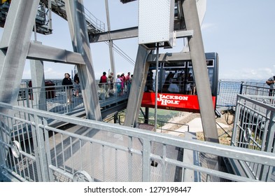 JULY 10 2018 - JACKSON WYOMING: The Jackson Hole Ski Resort Gondola Aerial Tram Takes Visitors Up The Mountain During The Summer For Sightseeing, Scenic Views And Hiking.