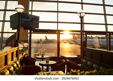 July 15, 2021 Russia, Moscow, Sheremetyevo - Modern Airport Terminal, International Airport Waiting Room, Plane Waiting For Departure At Dawn, International Travel With Modern Airlines