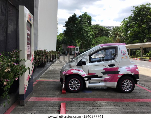 July 15,2019 Sharing electric compact vehicle
parked at charging station for students use in university area for
friendly environment and reduce traffic congestion at Chulalongkorn
University Bangkok