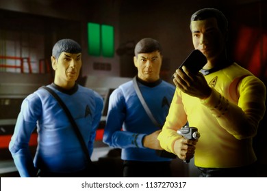 JULY 17 2018: Recreation Of A Scene From Star Trek The Original Series - Captain Kirk, Mr Spock & Doctor McCoy In An Abandoned Outpost With Dramatic Lighting - Art Asylum Action Figures