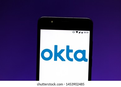 July 17, 2019, Brazil. In this photo illustration the Okta logo is displayed on a smartphone.