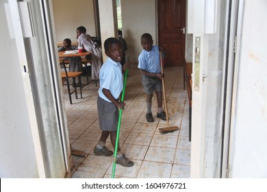 July 17th, 2014- Nairobi, Kenya: Children In Kenyan Orphanage Doing Chores, Sweeping The Floors At School