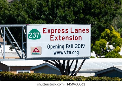 July 19, 2019 Sunnyvale / CA / USA - Express Lanes Extension Sign Posted On A Local Freeway In South San Francisco Bay Area