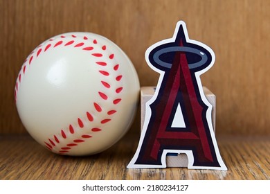 July 19, 2022, Cooperstown, New York. The Emblem Of The Los Angeles Angels Baseball Club And A Baseball.