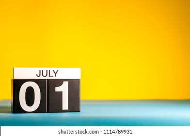 July 1st. Image Of July 1, Calendar On Yellow Background With Empty Space For Text. Summer Time