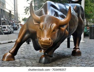 July 2, 2017; Manhattan, New York, USA: The Charging Bull Statue In Downtown Manhattan On Wall Street In New York City. 