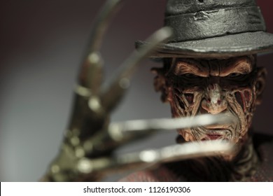 JULY 2 2018:  Recreation of a scene from A Nightmare on Elm Street with Freddy Krueger lurking in his boiler room ready to haunt your dreams - NECA action figure