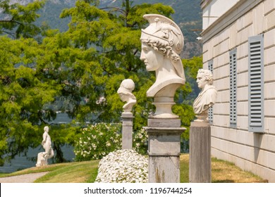 July 20, 2018. Herm of Athena in italian garden of Villa Melzi in Bellagio, Italy. 