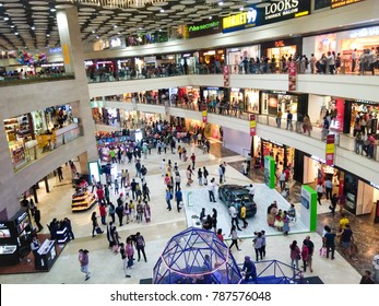 July 2017, Tagore Garden, New Delhi, India - Crowded Pacific Mall On Weekends. Beautiful Interior, Buyers, Shopping Outlets And Bright Lighting.