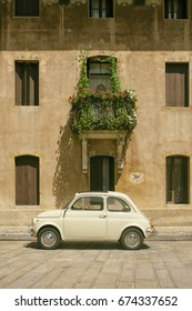  July 2017.Popular Italian vintage car parked in the street of a small medieval Italian village of Cison di Valmarino (TV), Veneto Italy