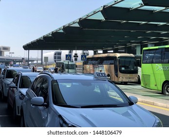 July 2019 Milan, Italy: Taxi Parking In Airport Terminal