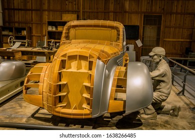 July 2019. Plywood Car Frame. Exposition Of The Creation Of The First Car In Japan. Toyoda Museum. Nagoya. Japan.