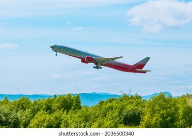 July 2021. Takeoff Of A Rossiya Airlines Plane From Yuzhno-Sakhalinsk Airport. Sakhalin Island.Russia.