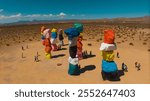 JULY 2024, LAS VEGAS, NEVADA - 7 Magic Mountains - public art, rainbow colors outside of Las Vegas with tourists viewing