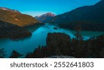 JULY 2024, NORTHERN CASCADES NATIONAL PARK, WASHINGTON - aerial view at sunrise in Northern Cascades National Park with Glacier Lake Diablo