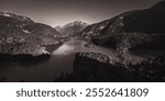 JULY 2024, NORTHERN CASCADES NATIONAL PARK, WASHINGTON - aerial view at sunrise in Northern Cascades National Park with Glacier Lake Diablo