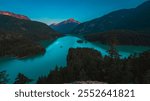 JULY 2024, NORTHERN CASCADES NATIONAL PARK, WASHINGTON - aerial view at sunrise in Northern Cascades National Park with Glacier Lake Diablo