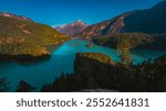 JULY 2024, NORTHERN CASCADES NATIONAL PARK, WASHINGTON - aerial view at sunrise in Northern Cascades National Park with Glacier Lake Diablo