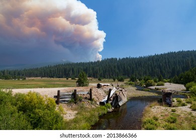 JULY 22, 2021 – PLUMAS COUNTY, CALIFORNIA, USA - The plume from the Dixie Fire billowing smoke as seen from Deer Creek.  The fire has destroyed numerous homes and displaced thousands of residents .