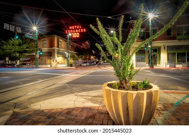 July 24, 2021- Hotel Congress At Night, Tucson Arizona With Light Trails From Cars. 