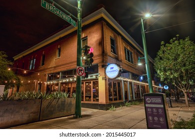 July 24, 2021- Tucson, Arizona, United States - Charro Steak Restaurant In Tucson At Night, With People Sitting Inside 