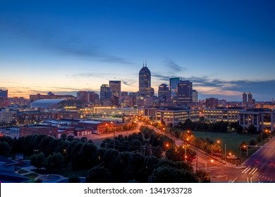 July 25, 2013 - Indianapolis, Indiana, USA: The city of Indianapolis, Indiana at dusk