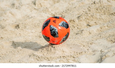 July 26, 2019, Moscow, Russia. Adidas Telstar Beach Soccer Ball On The Sand.