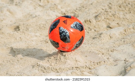 July 26, 2019, Moscow, Russia. Adidas Telstar Beach Soccer Ball On The Sand.